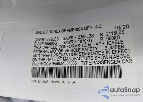 2021 Honda Accord Ex-L z USA, uszkodzony, nr VIN 1HGCV1F59MA004038